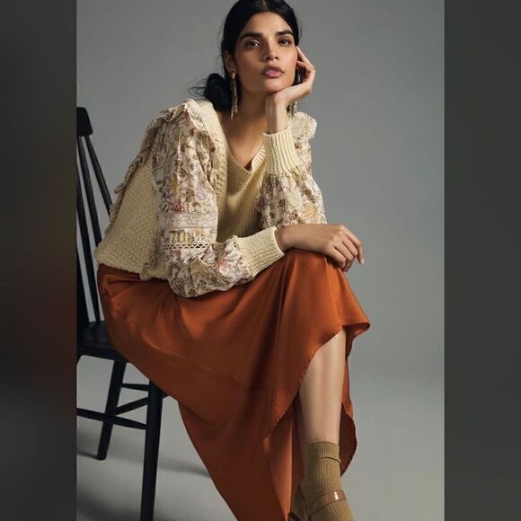 NWT Anthropologie Printed-Sleeve Ruffle Sweater - Picture 4 of 10